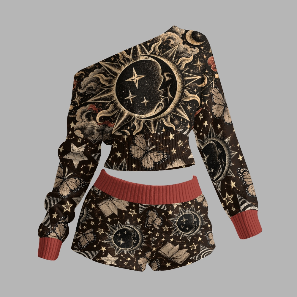 Vintage Sun Moon Butterfly And Star Art Print One-shoulder sweater and shorts set
