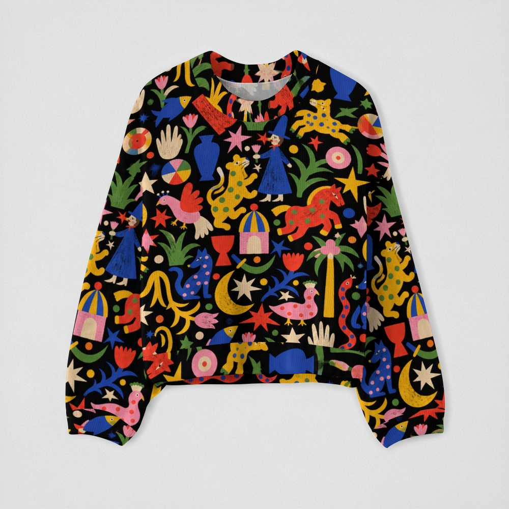 Colorful Folk Art Witch Leopard Crew-Neck Long-Sleeve Top