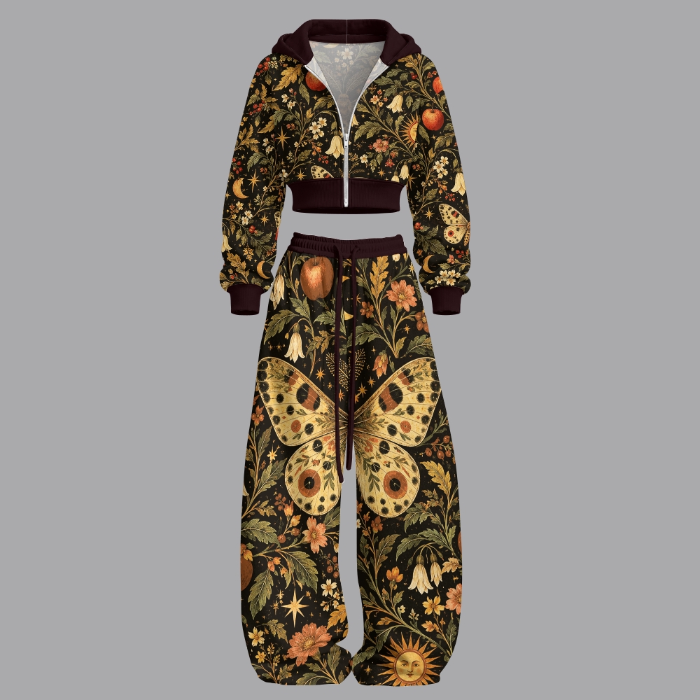 Vintage Moth Botanical Floral Unisex Loose-Short zip-up sweatshirt set