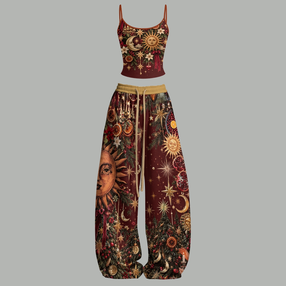 Vintage Yule Sun Moon Botanical Top & Elasticated Trousers Two-Piece Set