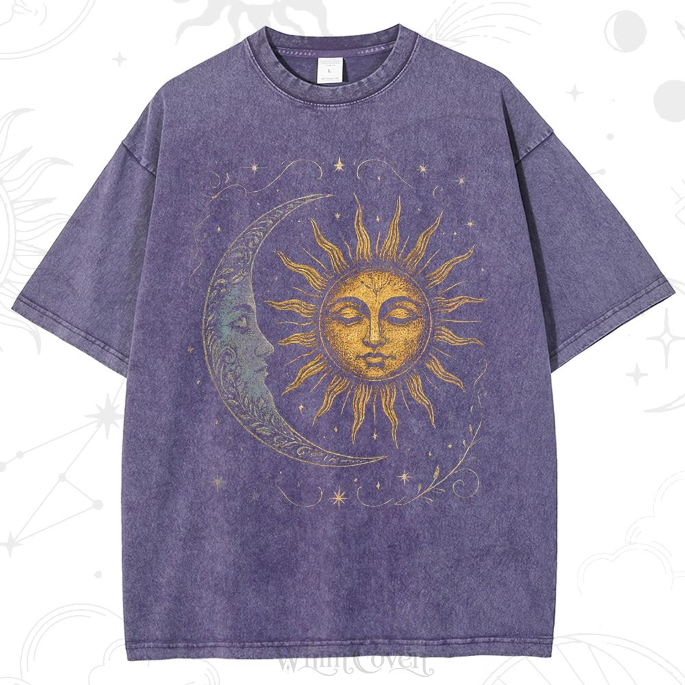 Boho Celestial Moon and Radiant Sun Spiritual Washed T-Shirt 