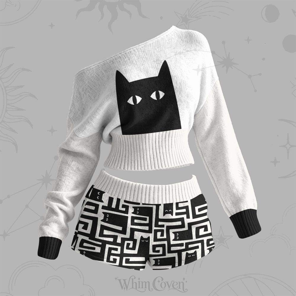 Women Minimalist Black Cat Geometric Maze Print One-Shoulder Sweater And Shorts Set