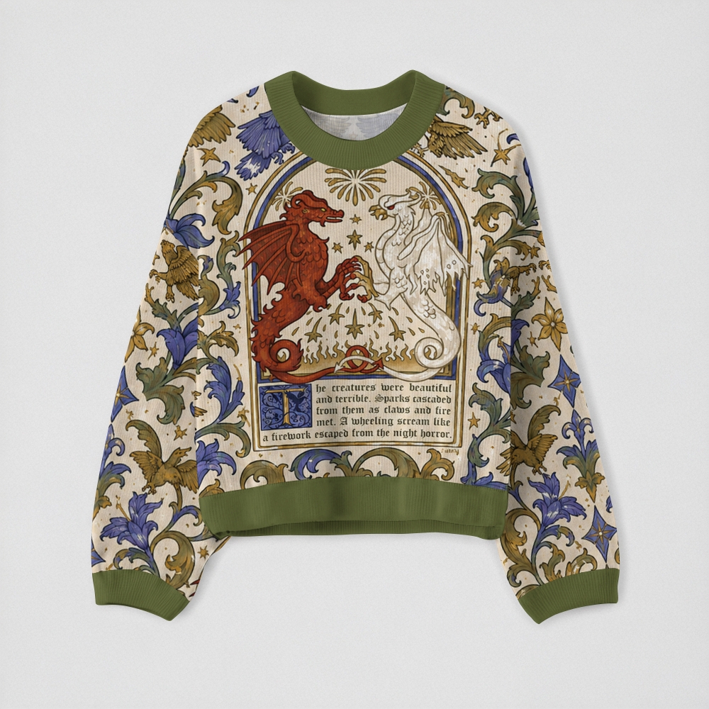 Medieval Dragon Illuminated Manuscript Art Crew-Neck Long-Sleeve Top