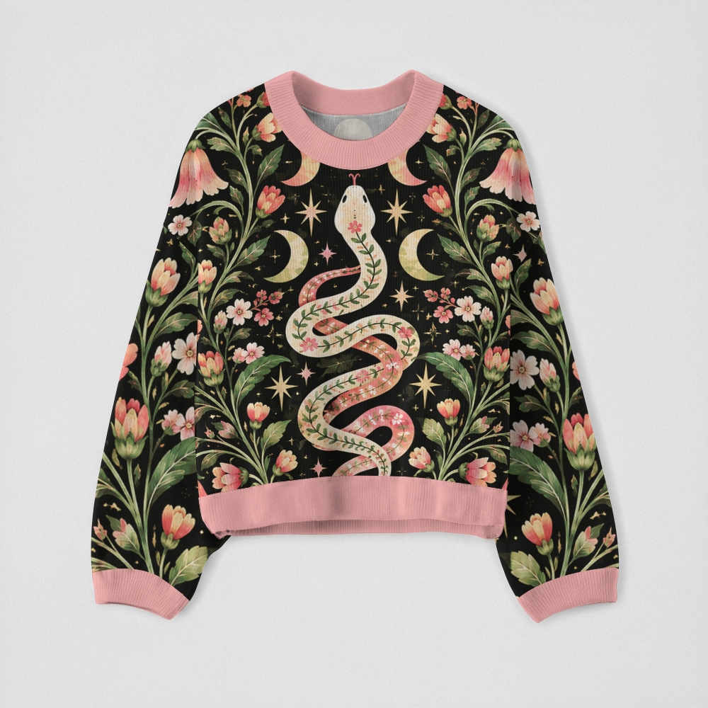 Mystical Serpent Moon Floral Star Crew-Neck Long-Sleeve Top
