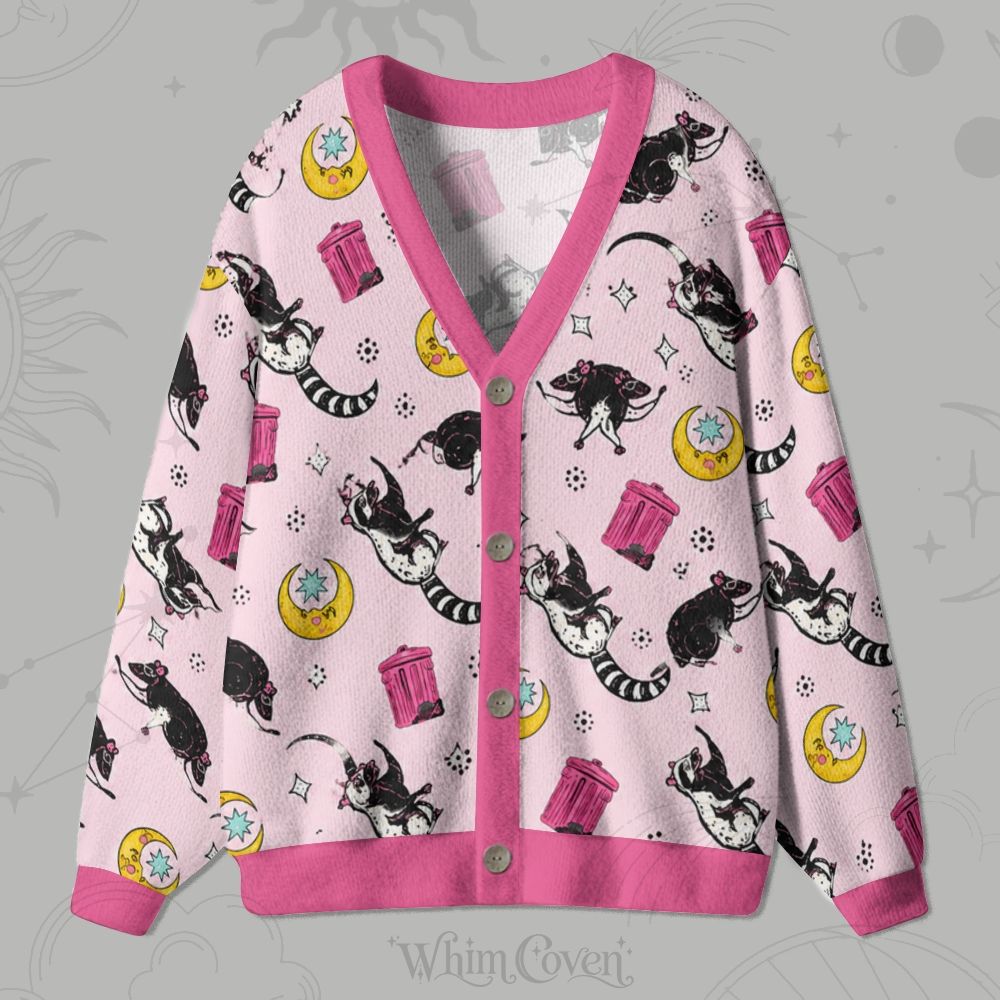 Cute Opossum Moon Trash Can Print Cardigan Sweater 