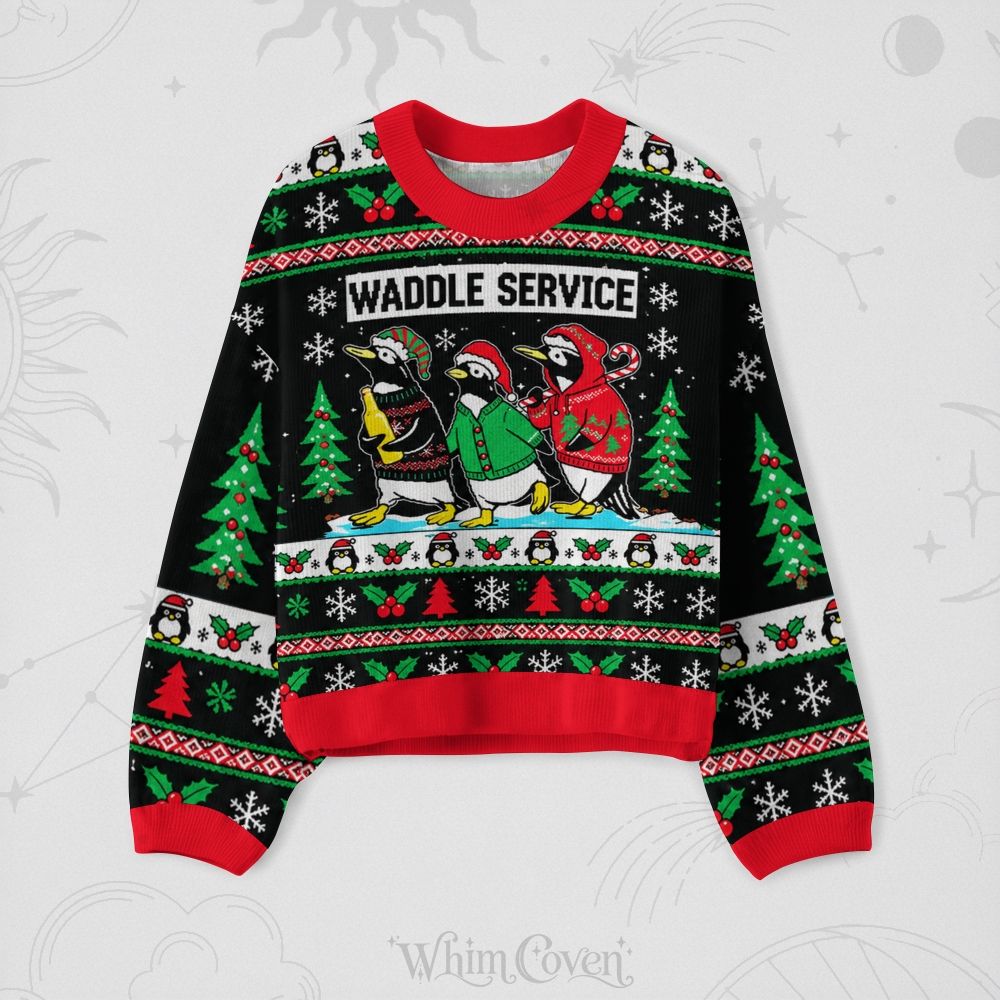 Cute Christmas Penguin Waddle Service All Crew-Neck Long-Sleeve Top 