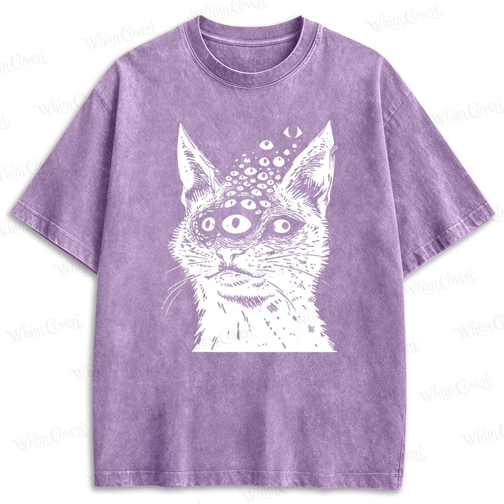 Weird Multi Eyed Cat Gothic Graphic Retro Washed T-shirt