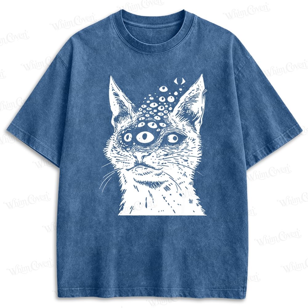 Weird Multi Eyed Cat Gothic Graphic Retro Washed T-shirt
