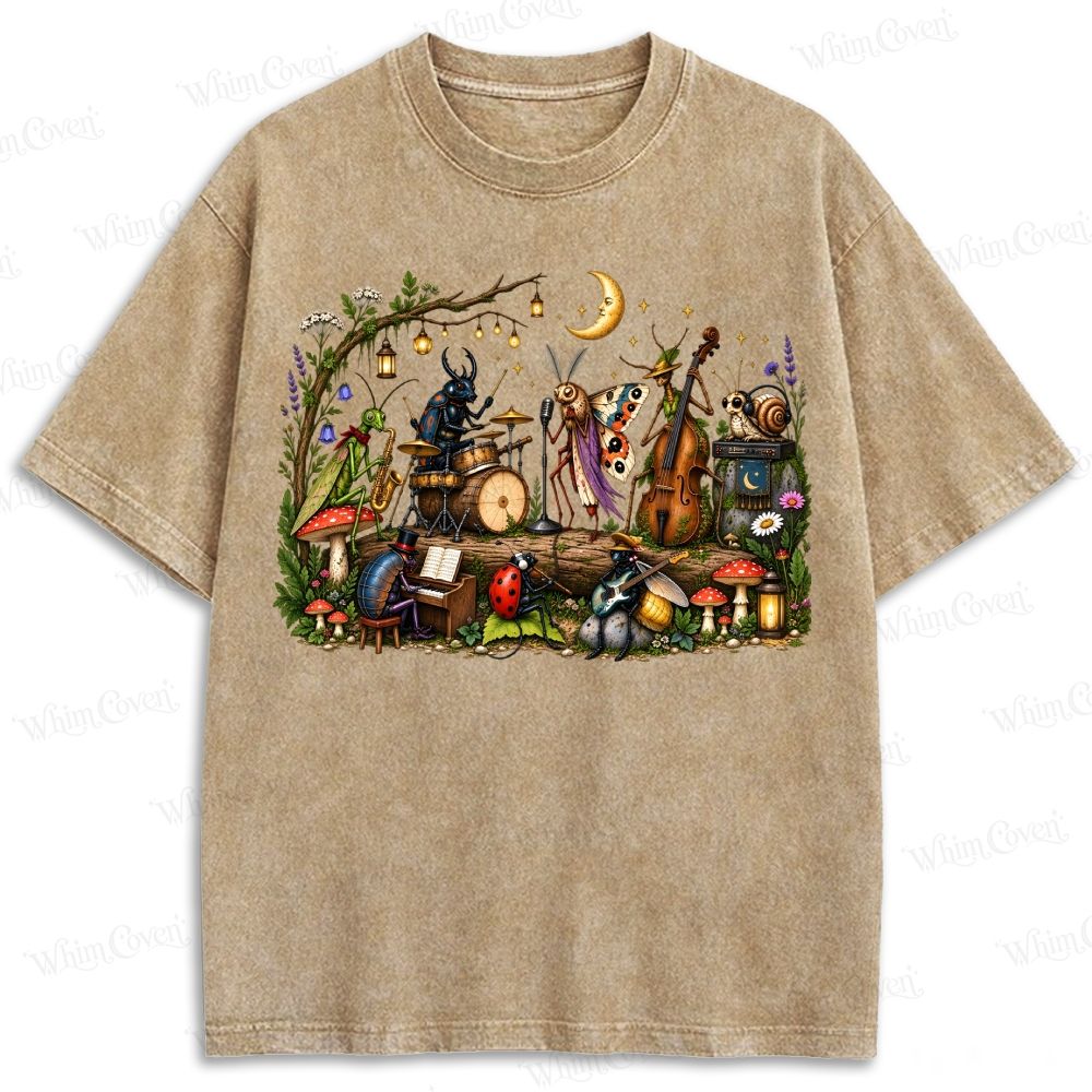 Whimsical Woodland Insect Music Band Aesthetic Retro Washed T-shirt