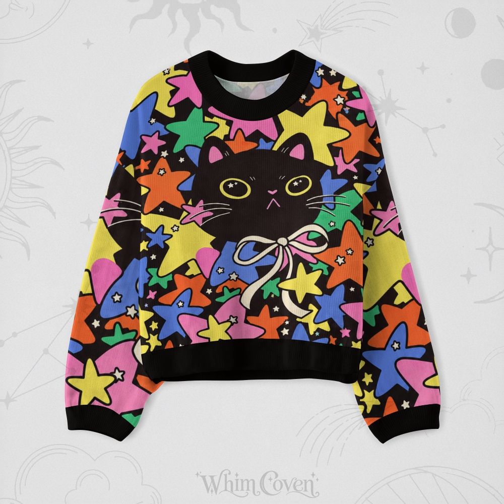Colorful Y2K Star Black Cat Crew-Neck Long-Sleeve Top 