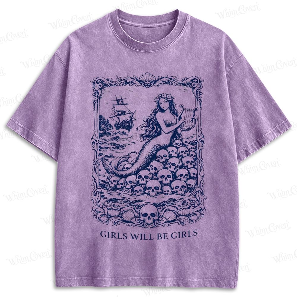 Dark Mermaid Siren Girls Will Be Girls Retro Washed T-shirt