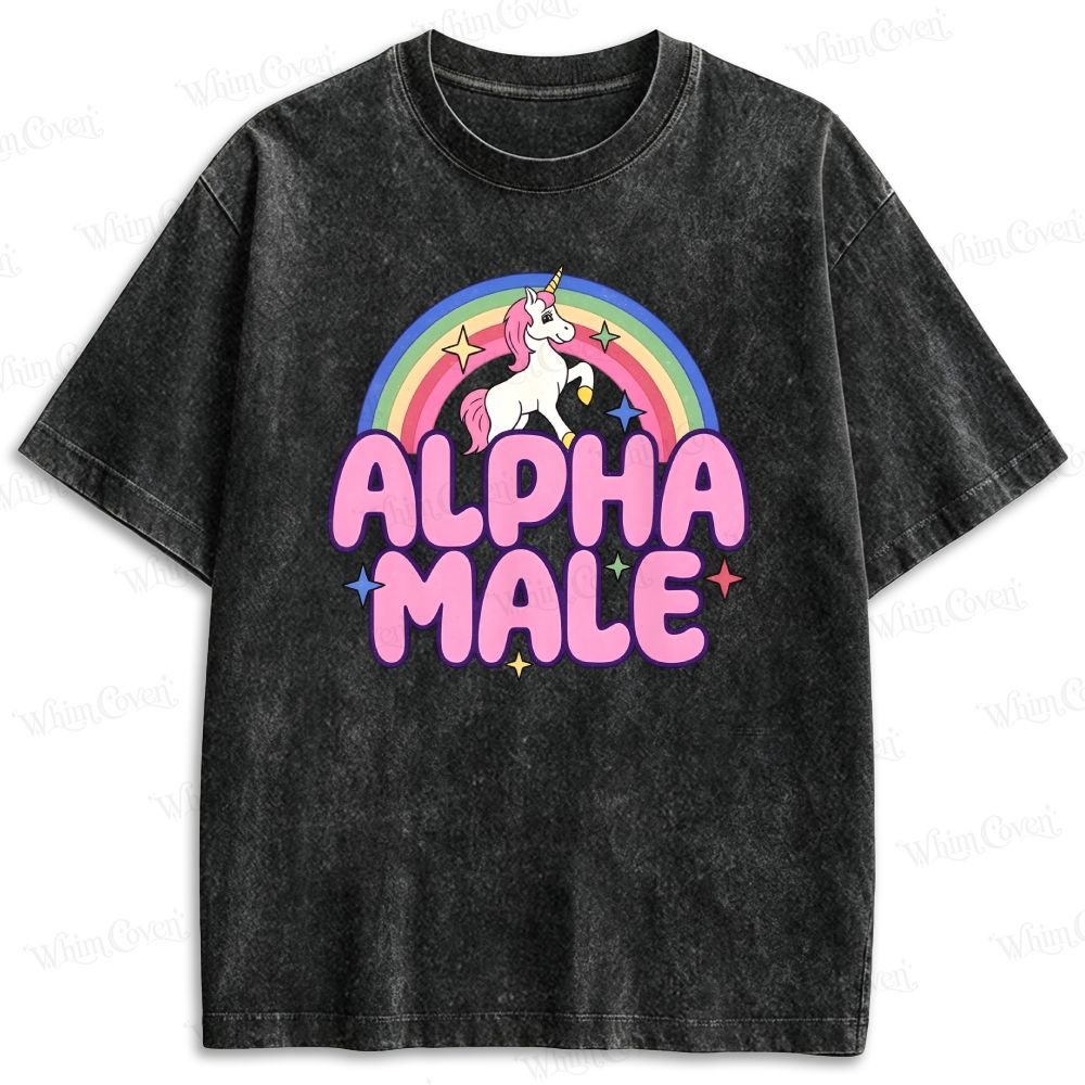 Alpha Male Rainbow Unicorn Funny Meme Graphic Retro Washed T-shirt