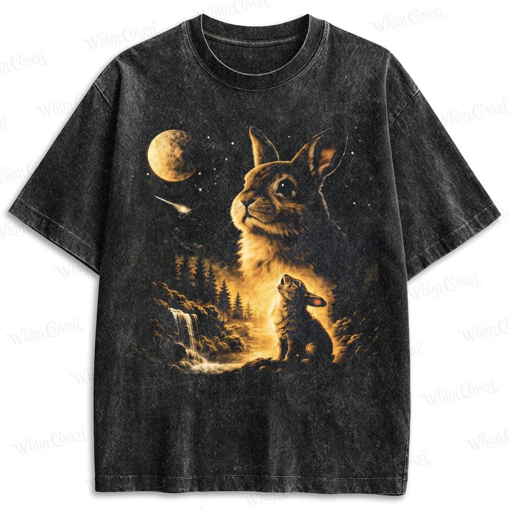Moonlit Rabbit Forest Waterfall Retro Washed T-shirt