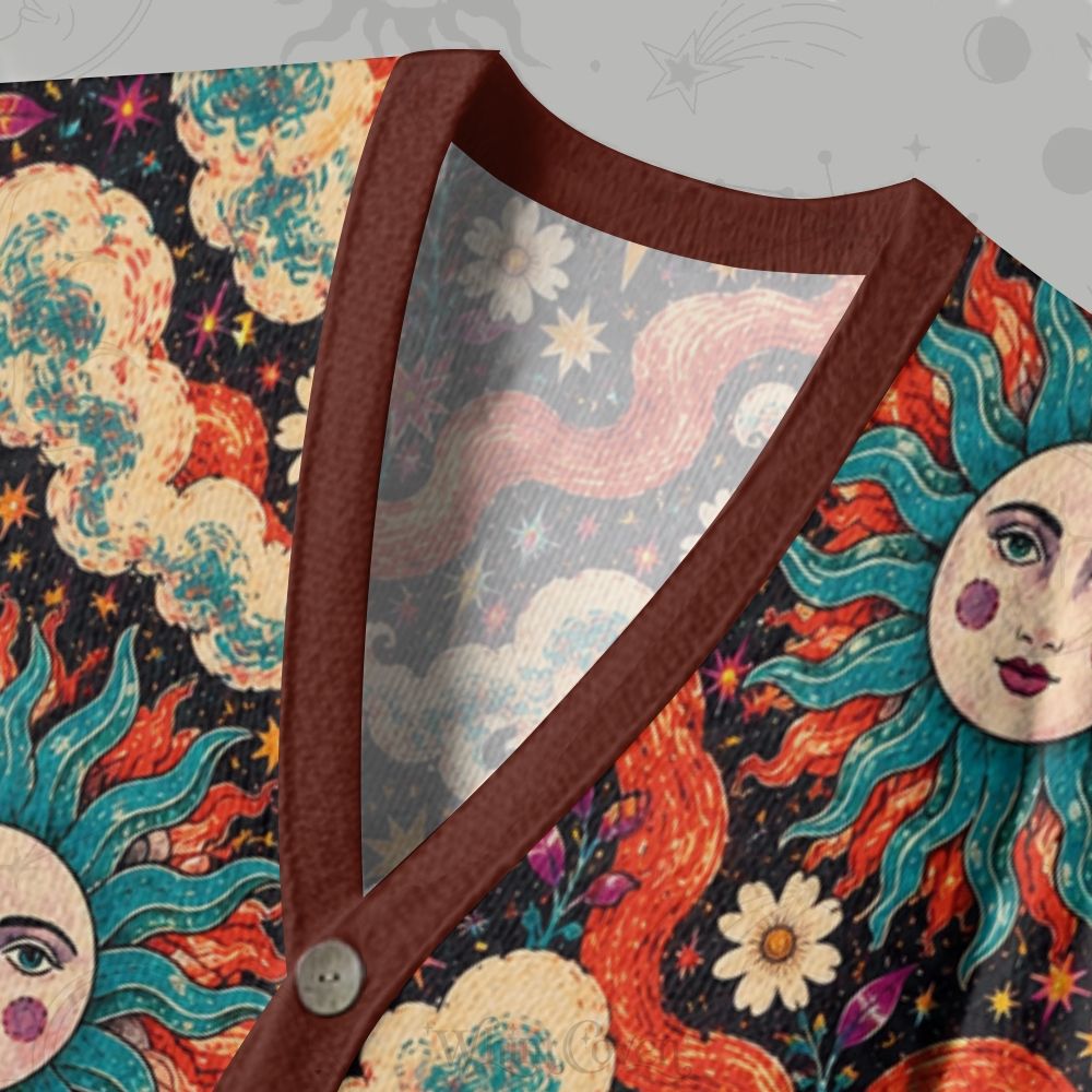 Vintage Celestial Sun Face Cardigan Sweater 