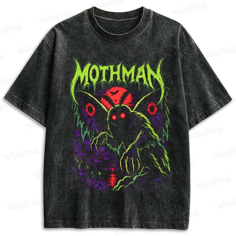 Horror Punk Mothman Red Moon Cryptid Retro Washed T-shirt