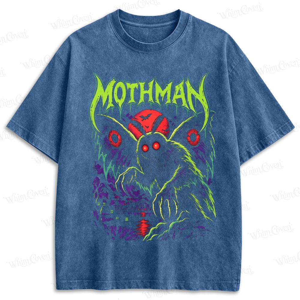 Horror Punk Mothman Red Moon Cryptid Retro Washed T-shirt