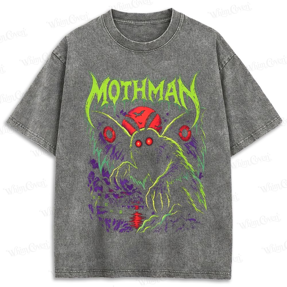 Horror Punk Mothman Red Moon Cryptid Retro Washed T-shirt