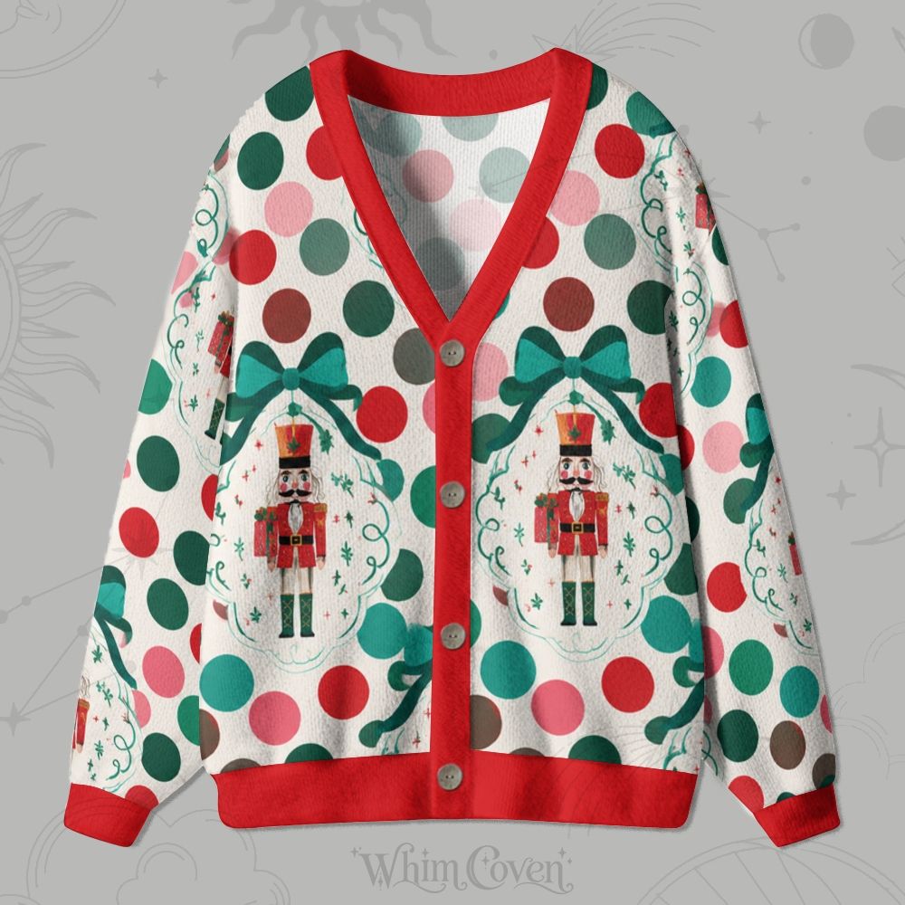 Cute Christmas Nutcracker Polka Dot Bow Print Cardigan Sweater 