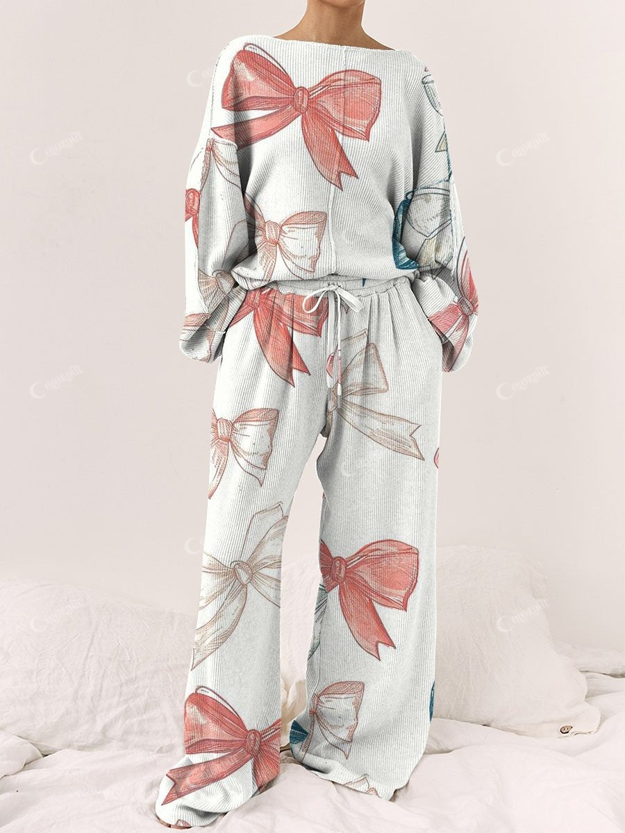 Women's Colorful Bow Pattern Long Sleeve Pants Set