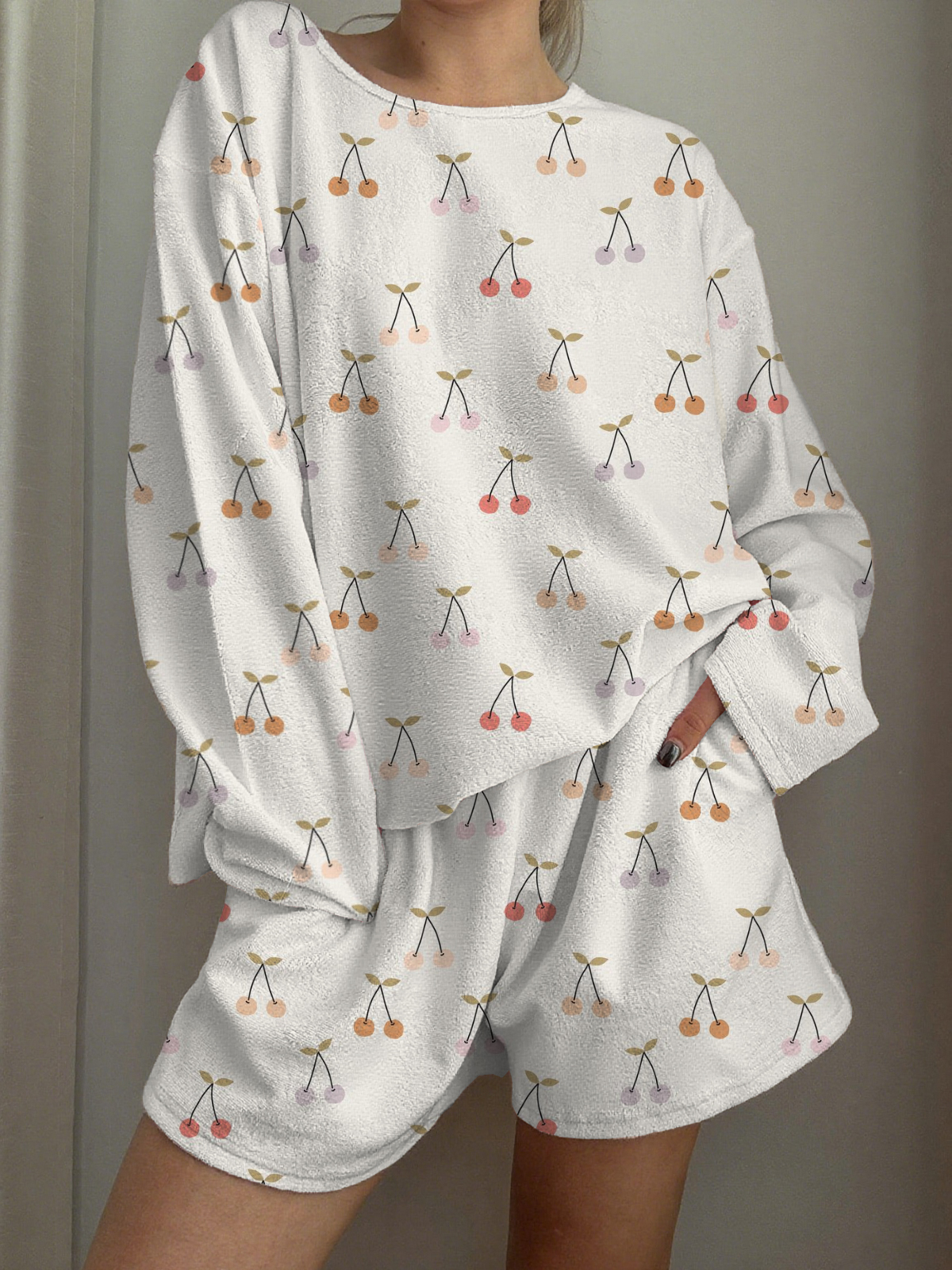 Colorful Cherry Printed Long-Sleeved Shorts Loungewear Set