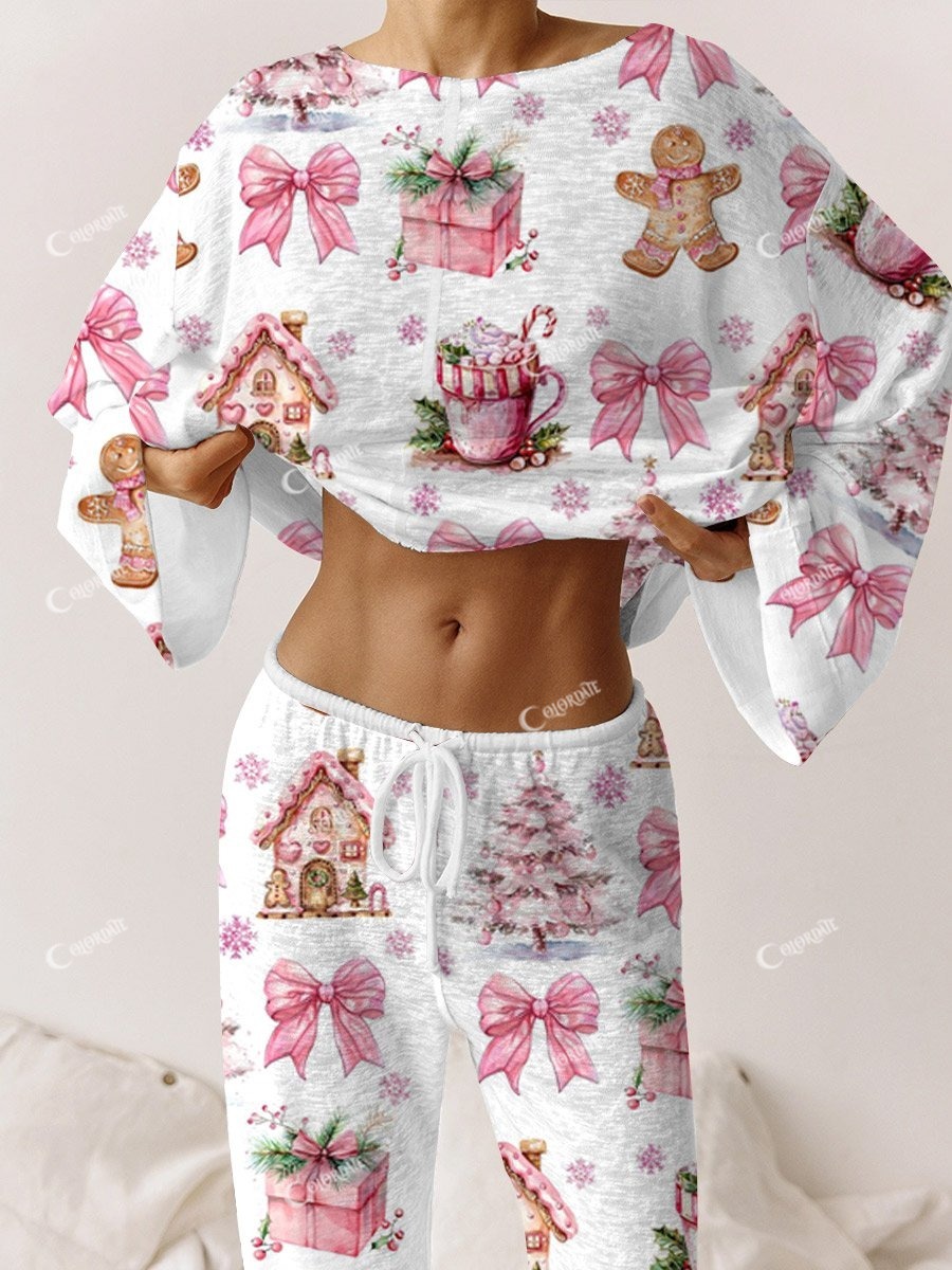 Women's Cotton Pink Christmas Printed Home Long Sleeve Suit