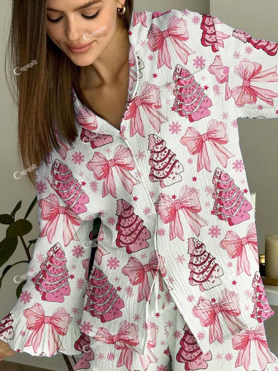 Women's Cotton Pink Christmas Printed Home Long Sleeve Suit