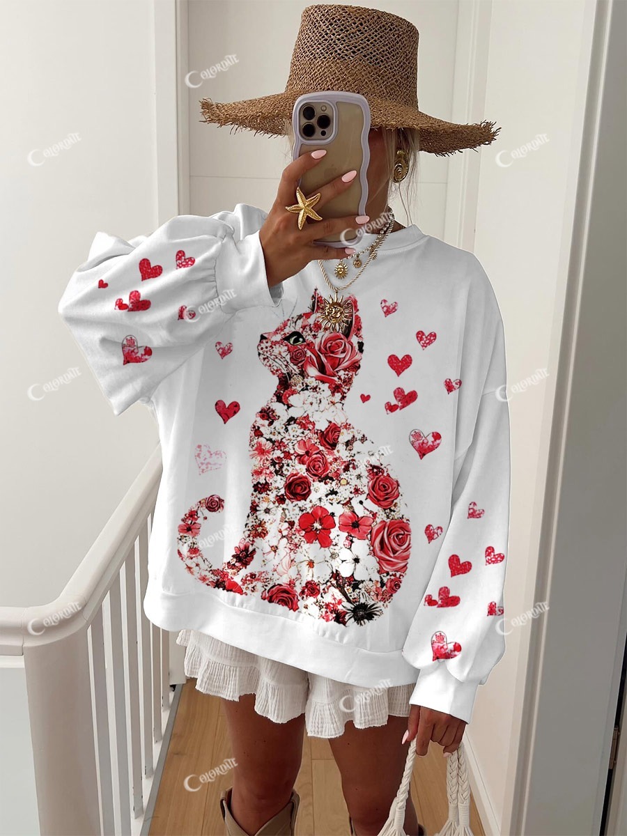 Women's Valentine's Day Cat Casual Print Sweatshirt