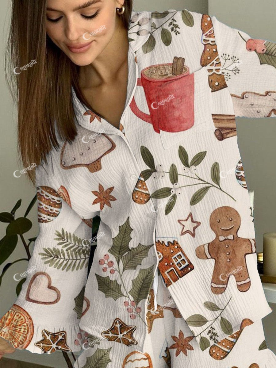 Women's Christmas Gingerbread Pinecone Print Linen Cotton Suit