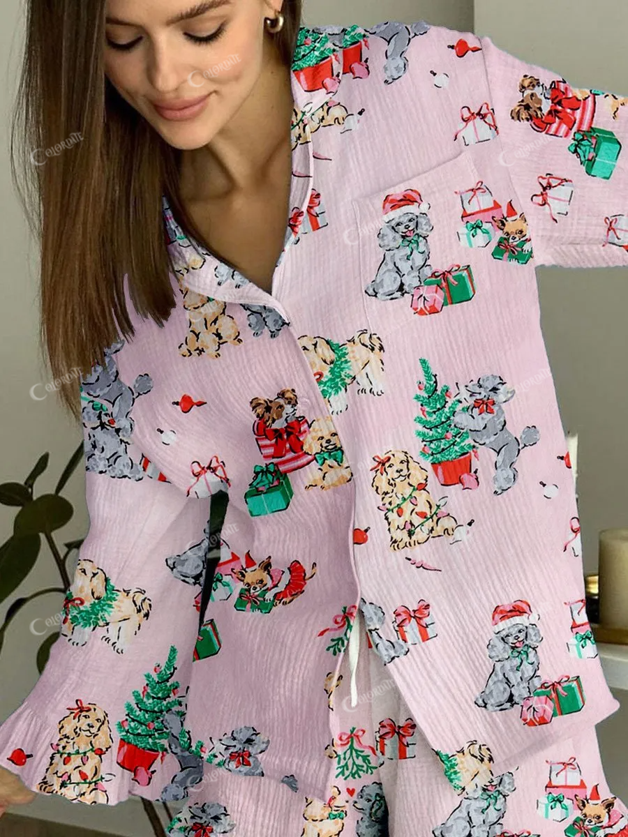 Women's Pink Christmas Funny Animal Print Home Long Sleeve Suit