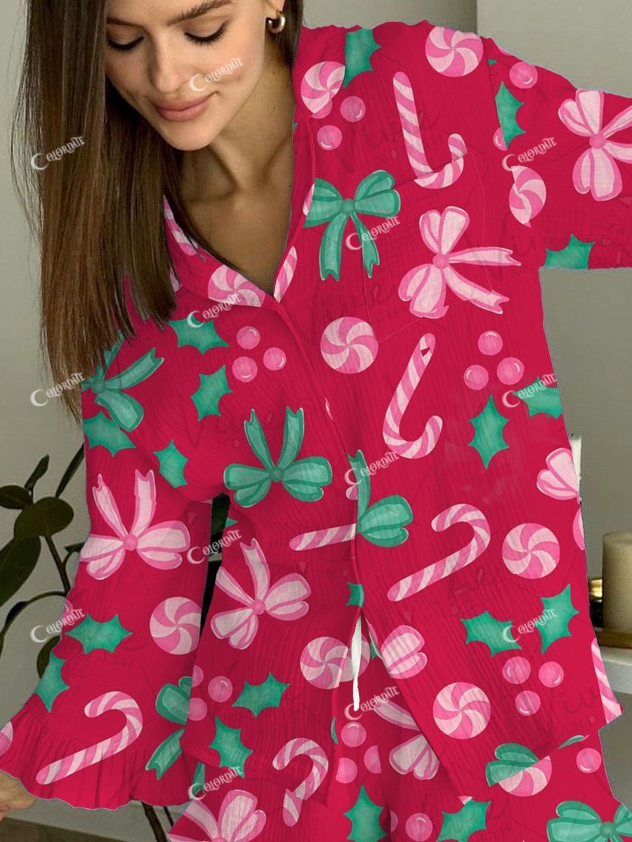 Women's Christmas Decoration and Bow Red Festive Pajama Set