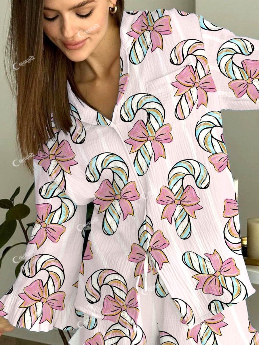 Women's Christmas Bow Candy Cane Ruffles Fairy Pink Pajama Set