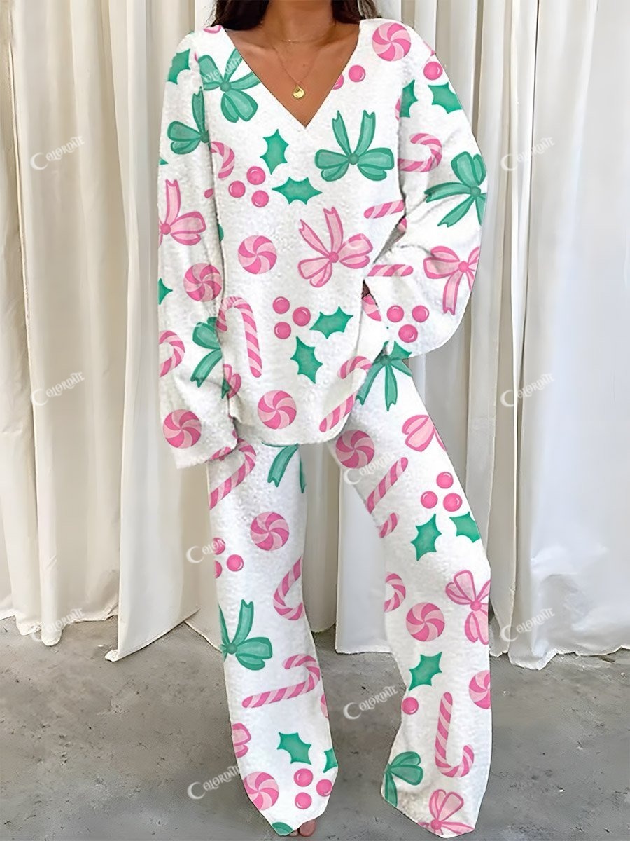 Women's Christmas Bow Candy Cane Print Casual Polar Fleece Set