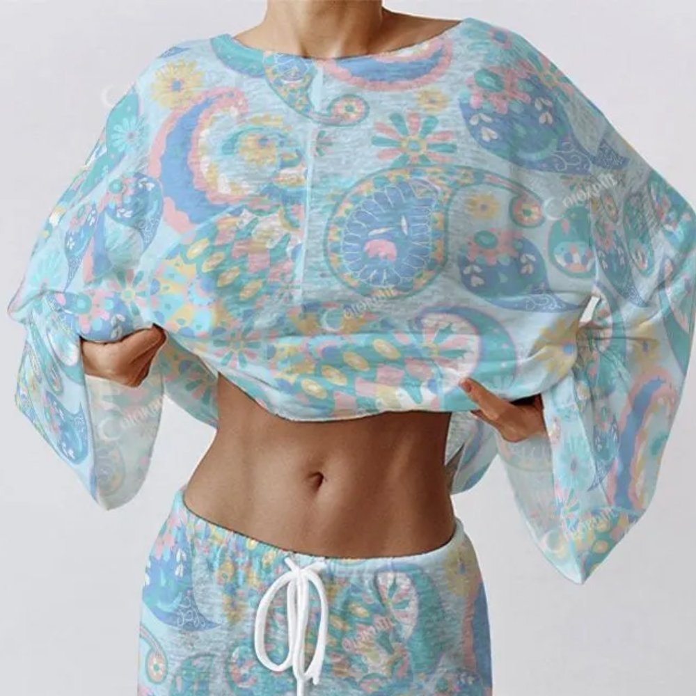 Colordate Women's Blue Drop Print Long Sleeve Cotton Homewear Set