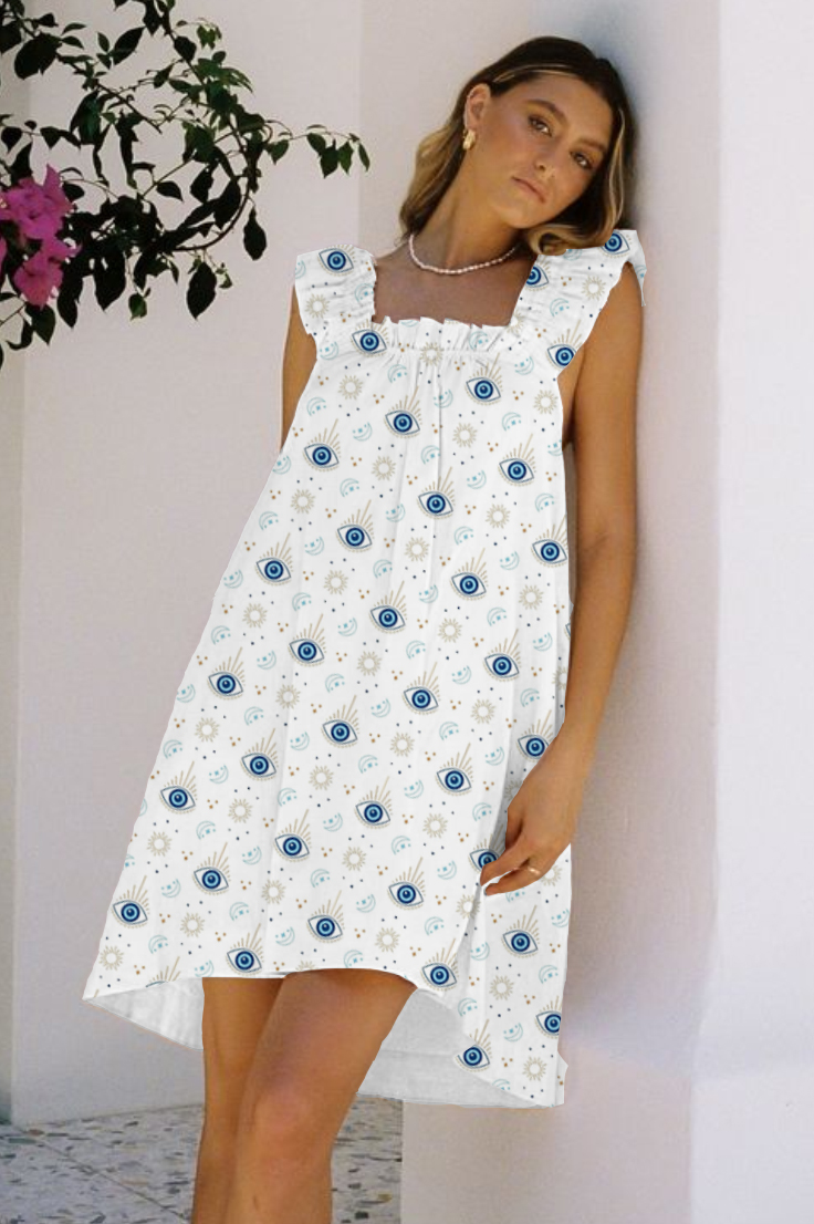 Women's Abstract Eye Moon Printed Ruffle Mid-Length Nightgown