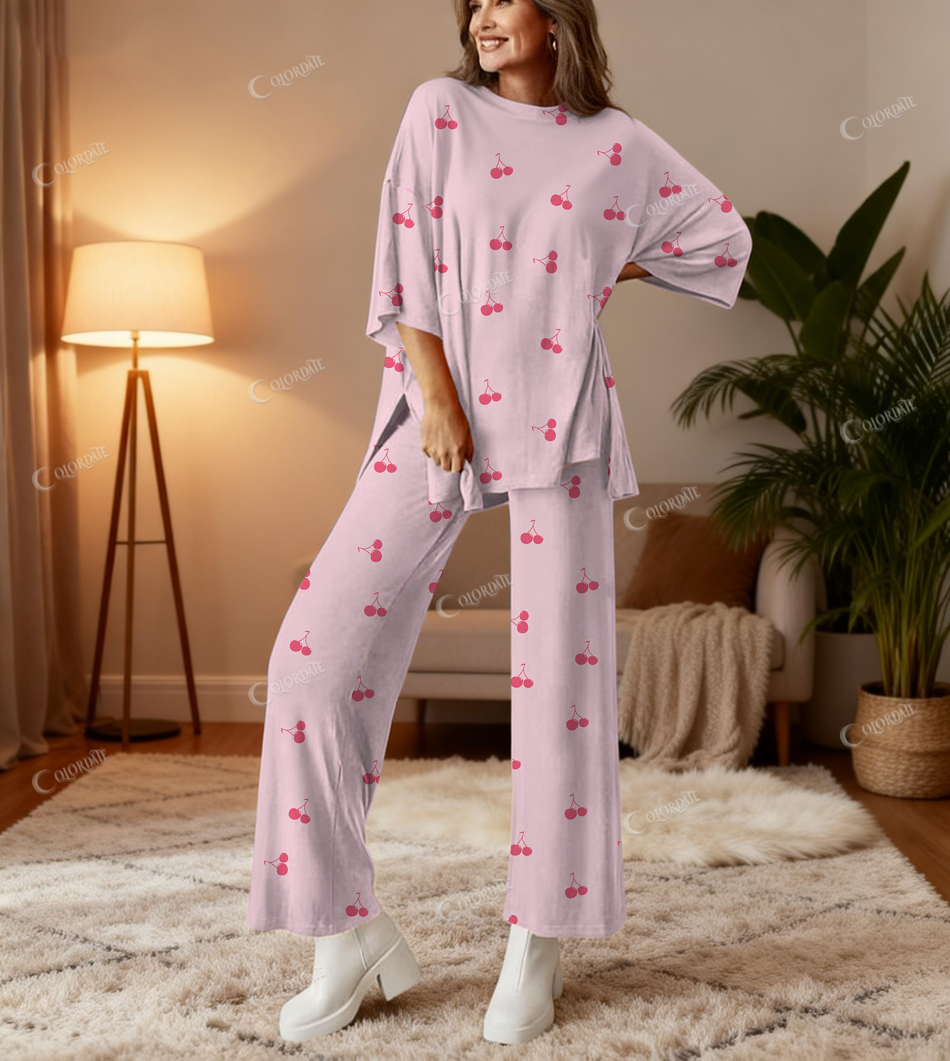 Pink Cherries Print Bamboo-Soft Lounge Set Pants