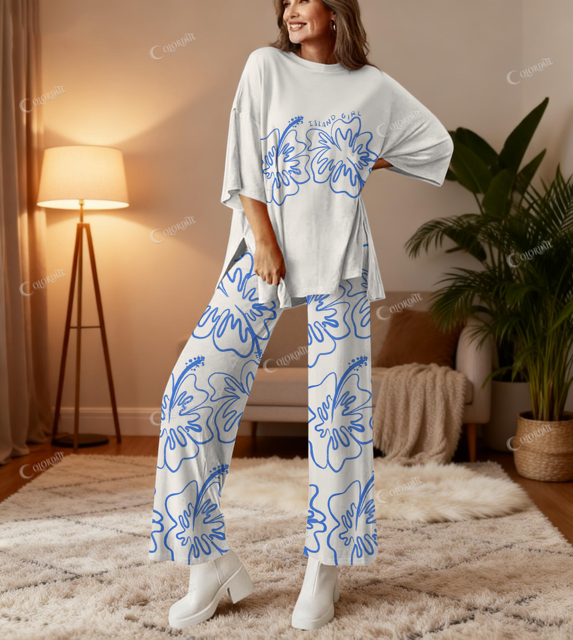 Line Art Hibiscus Print Bamboo-Soft Lounge Set Pants