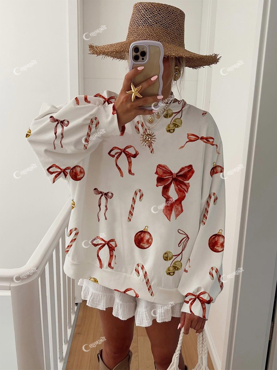 Women's Christmas Bow Candy Bell Pattern Round Neck Long Sleeve Sweatshirt