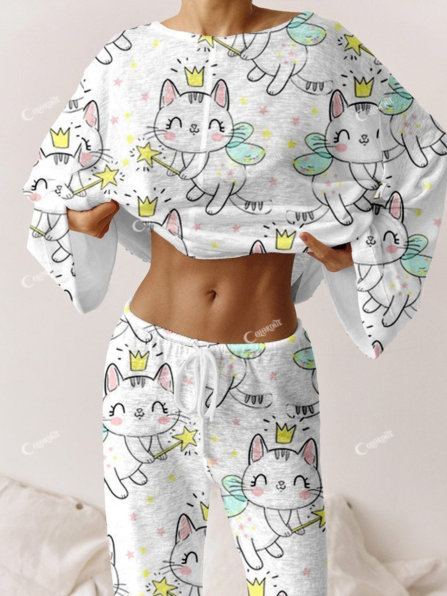 Women's Bee and Kitten Pattern Round Neck Long Sleeve Pants Suit