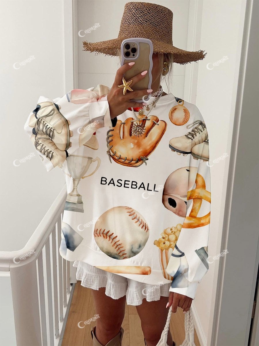 Women's Baseball Watercolor Print Crew Neck Sweatshirt