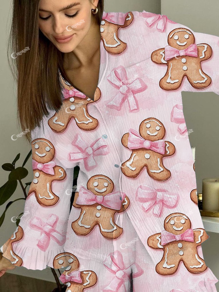 Women's Pink Christmas Gingerbread Man Bow Print Linen Cotton Suit