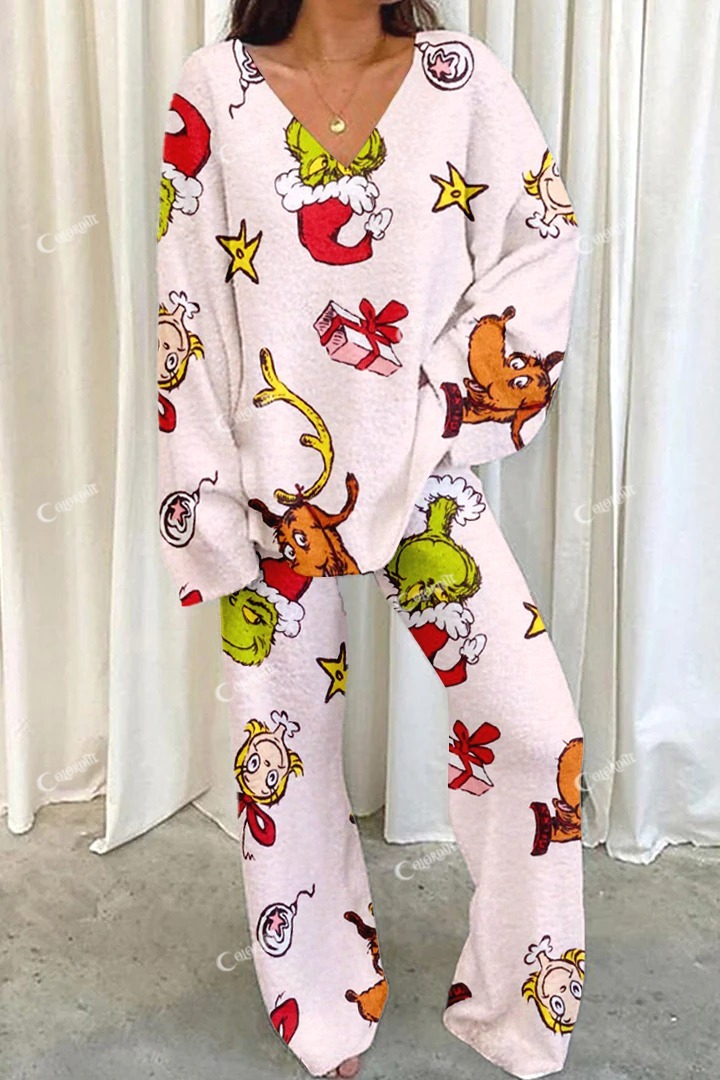 Women's Pink Christmas Grinch Fun Print Home Long Sleeve Suit