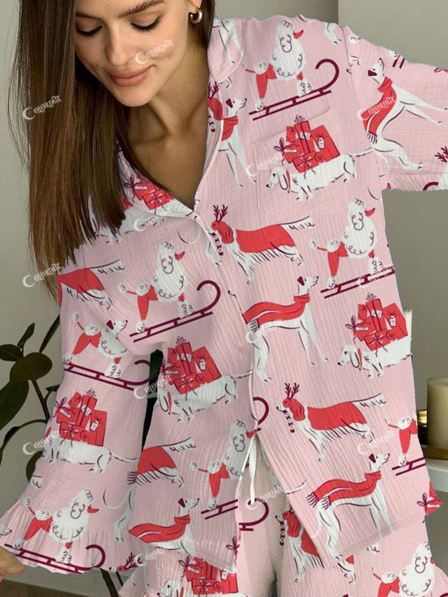 Women's Pink Art Painting Christmas Cute Animal Print Home Long Sleeve Suit