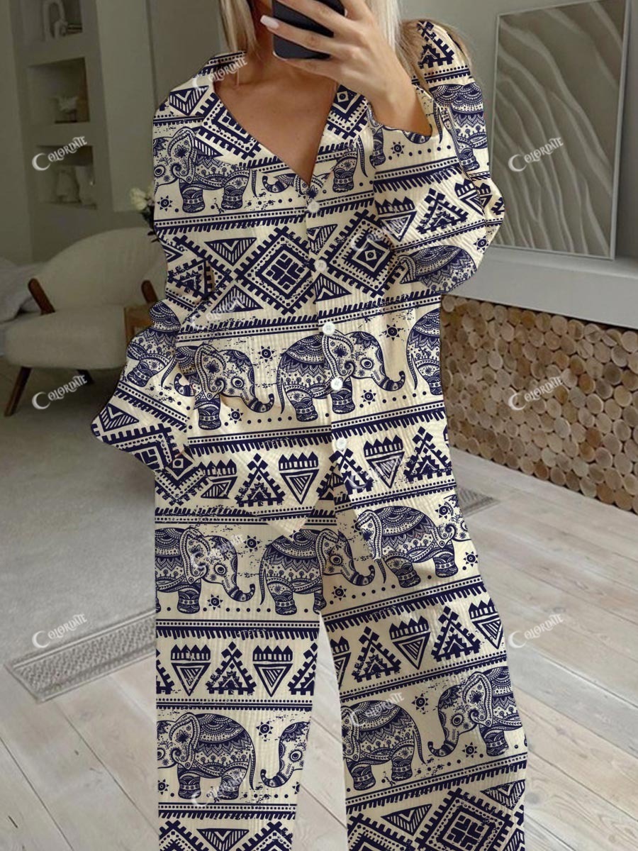 Women's Bohemian Ethnic Art Painting Printed Home Long Sleeve Suit