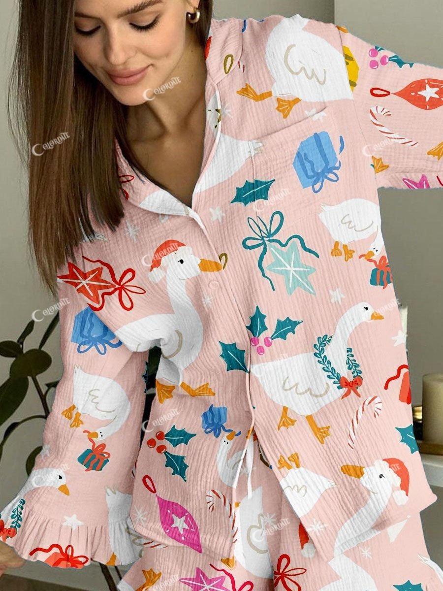 Women's Fun Christmas Goose Print Linen Cotton Suit
