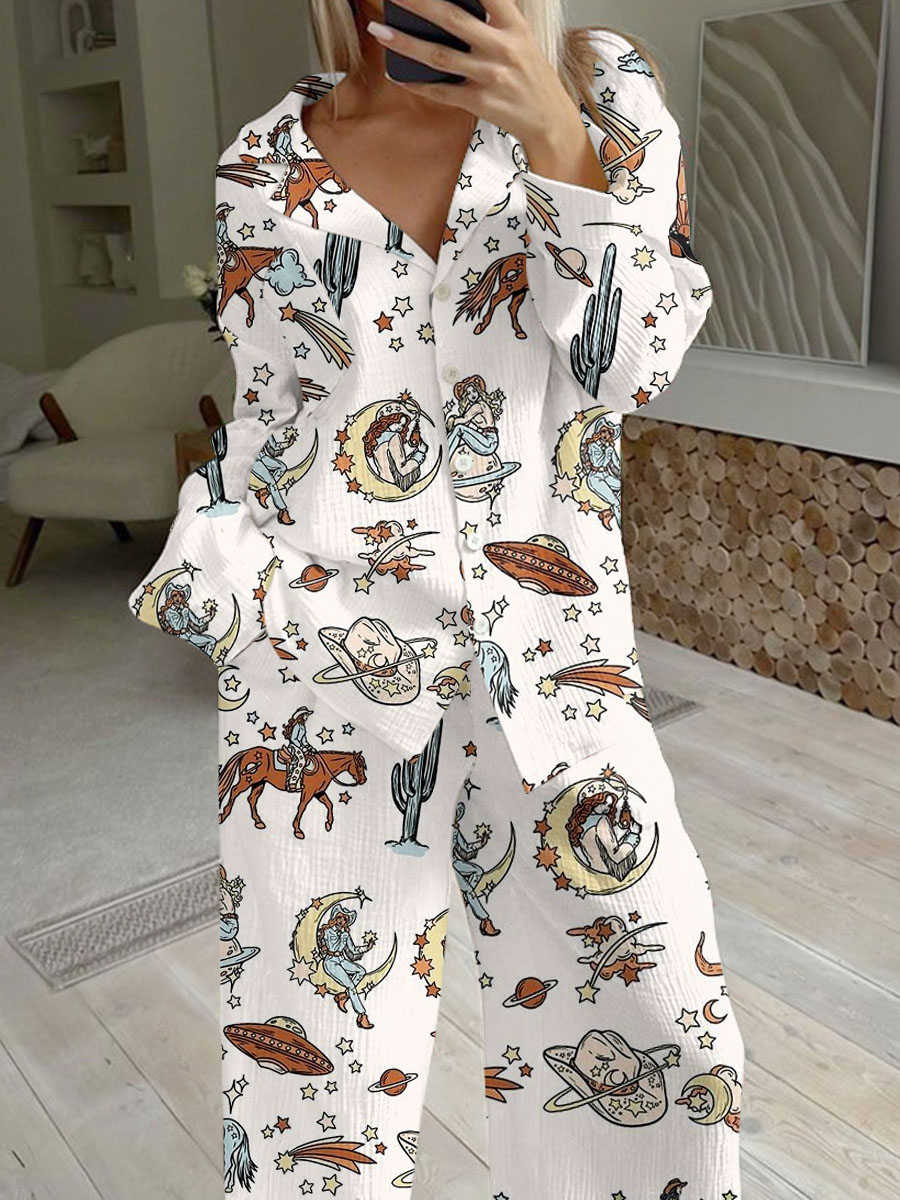 Women's Western Style Cow Girls Printed Casual Homewear Set