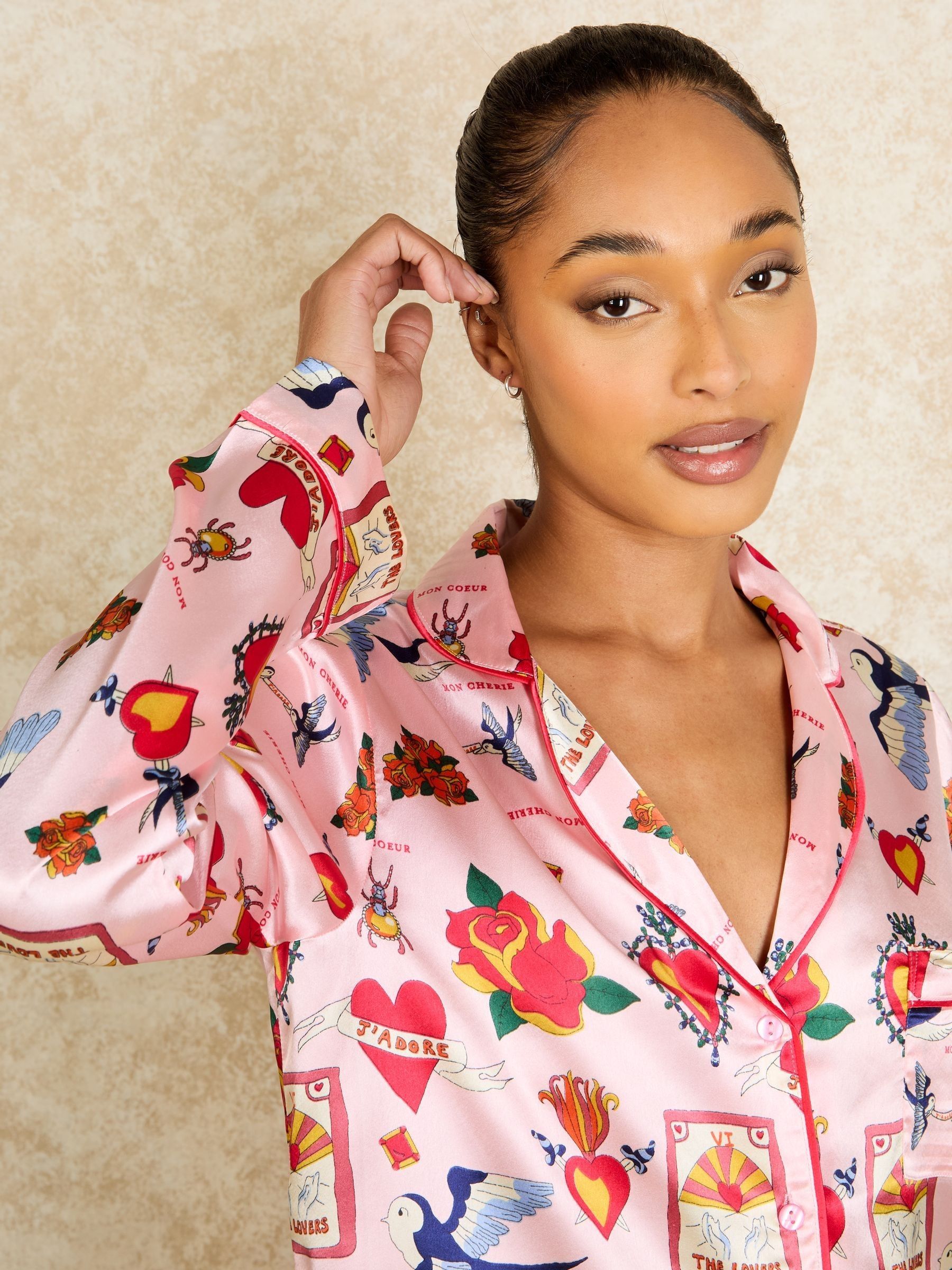 Womens Pink Recycled Satin Long Traditional Pyjamas Set