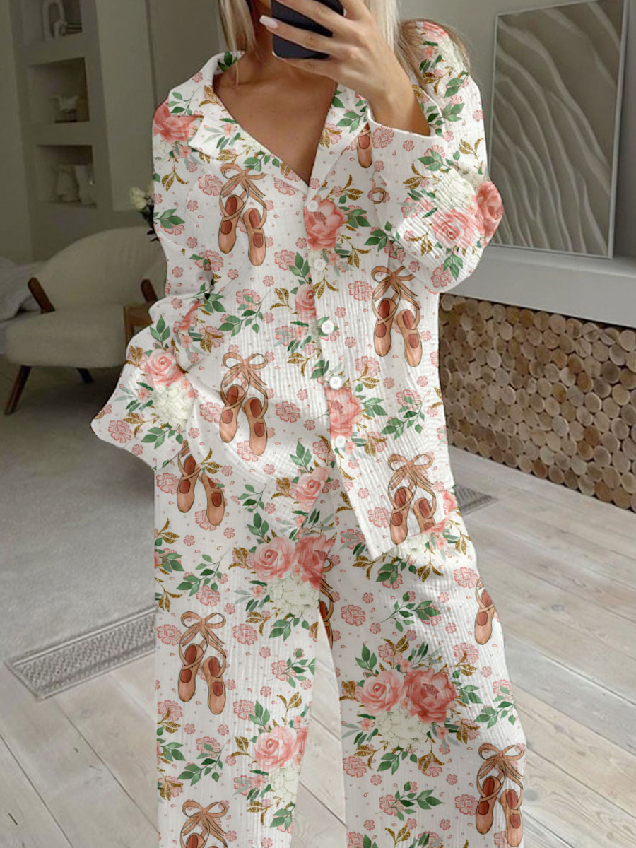 Women's Floral Ballet Shoes Print Loose Homewear Set