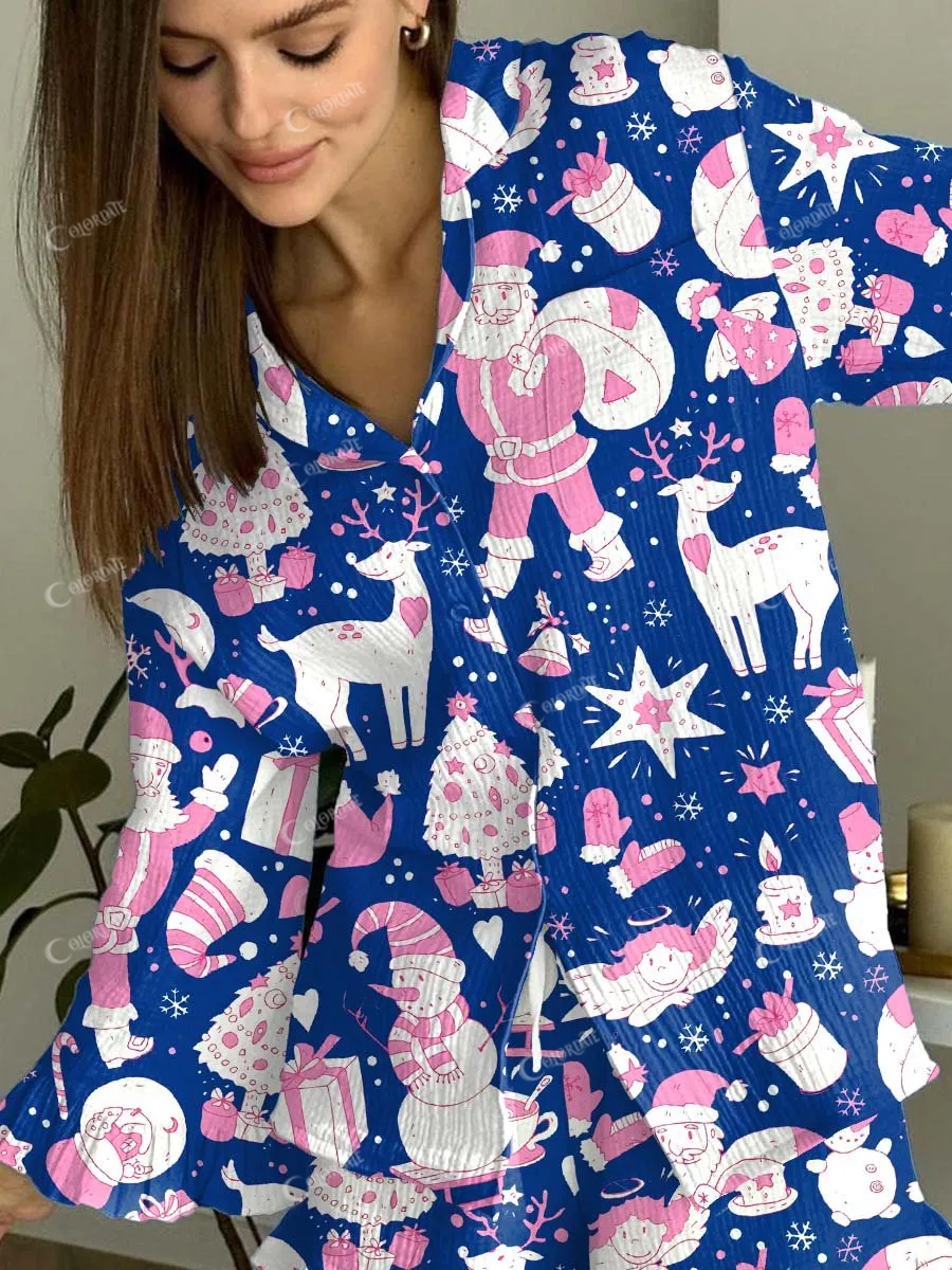 Women's Santa Claus Elk Print Ruffle Homewear Set