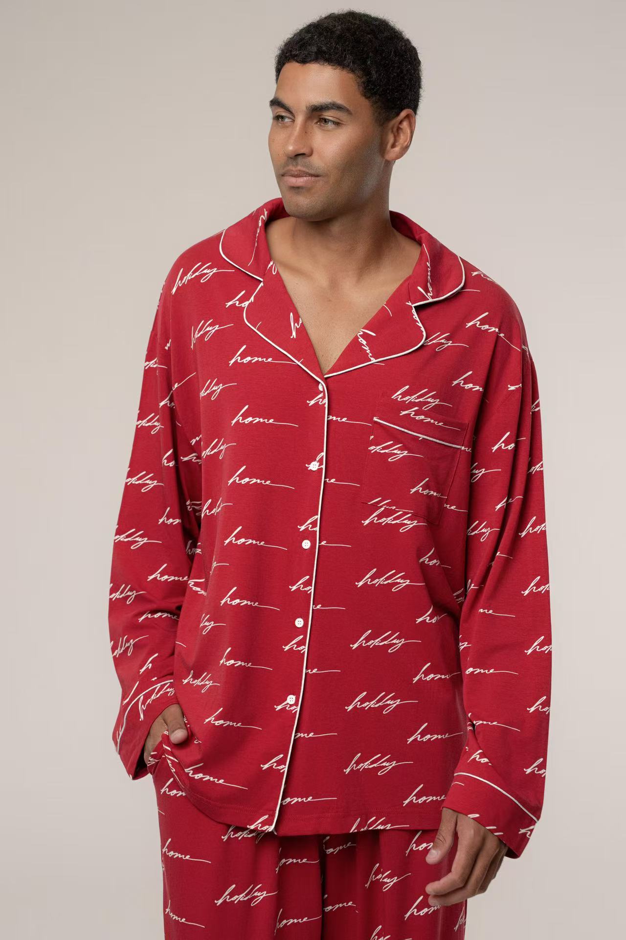 Red Home For The Holiday Print Home Long Sleeve Suit