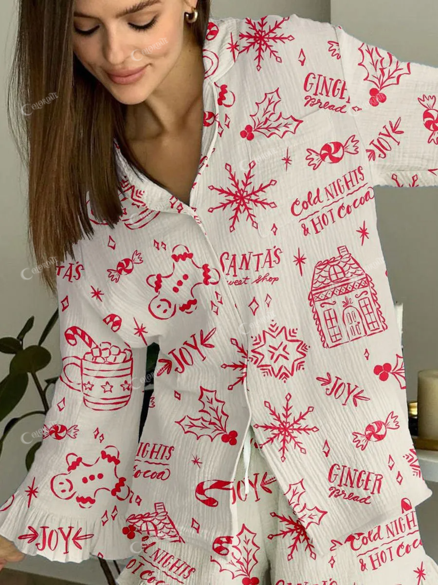 Women's Christmas Art Painting Fun Print Home Long Sleeve Suit